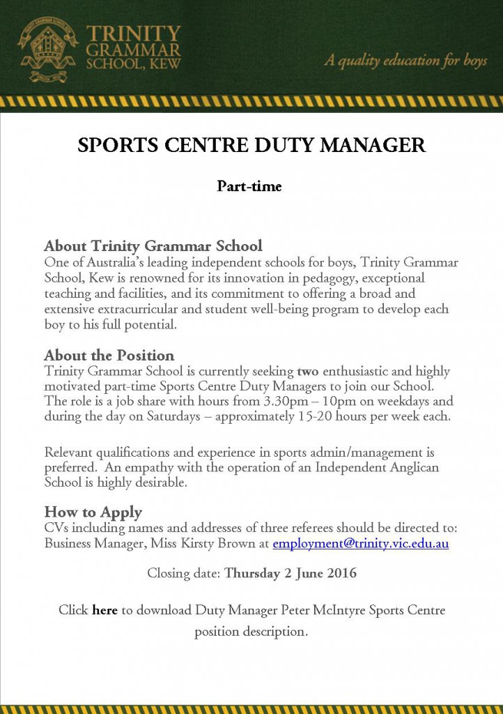 Sport Centre Duty Manager TGS _May 2016 (2)