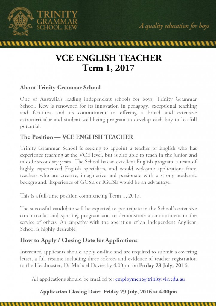 VCE English Teacher for 2017